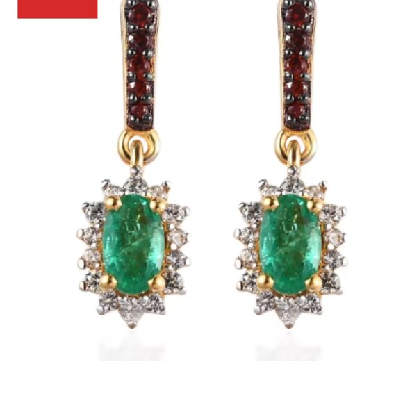 AAA Kagem Zambian Emerald, Brown and White Zircon Halo Earrings - Picture 1 of 5